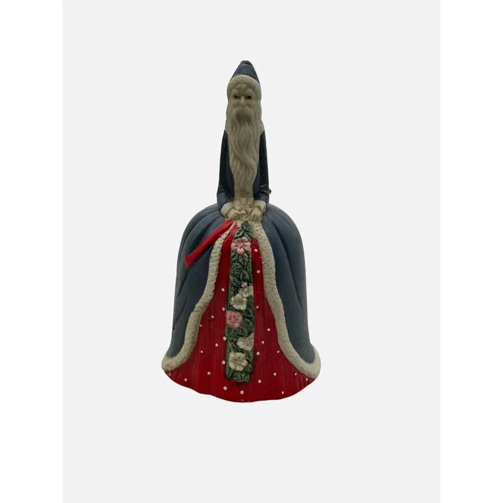 Vintage Victorian Santa Bell Porcelain Blue Red Floral‎ Christmas Collectible